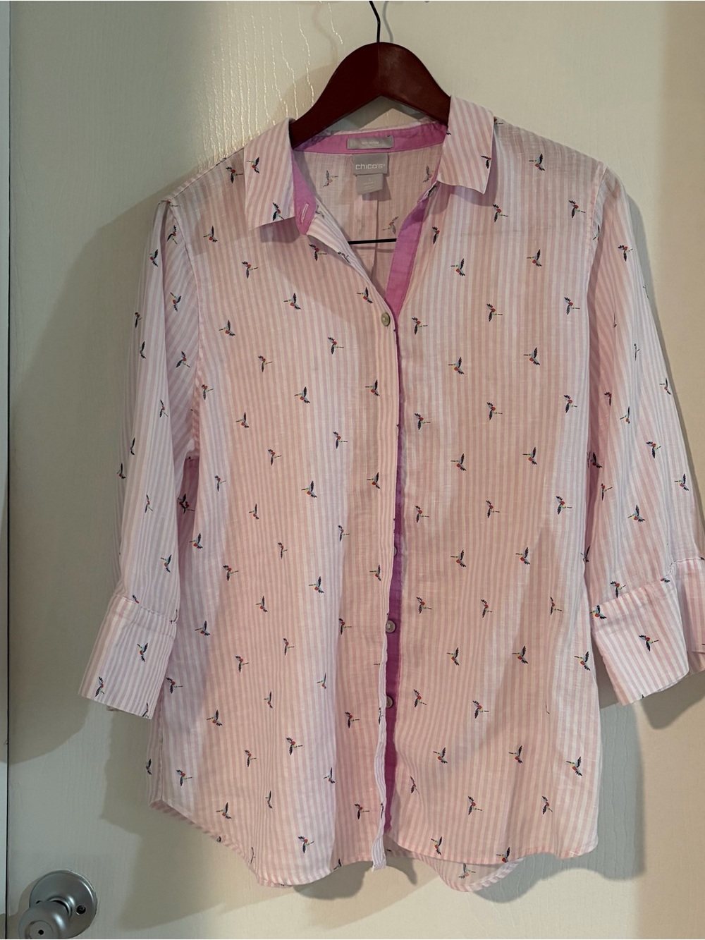 Chico's Light Pink Striped Button-Down with Bird Print